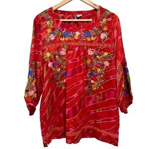 Anu Red Embroidered Blouse S/M Boho Artisan Vintage Floral India Top